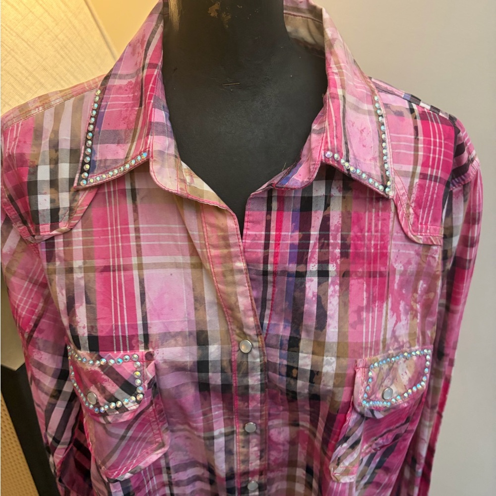 A Rare Bird Handmade Plaid Rhinestone Western Pearl Snap Shirt Dress Size M/L - Picture 5 of 16